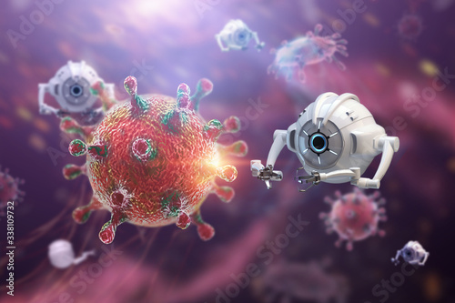 Nanotechnology Genetic engineering and the use of nanorobots to destroy microbes. Medical concept, future medicine technology. 3D illustration, 3D rendering. photo