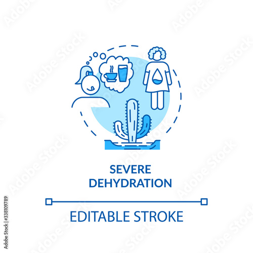 Severe dehydration turquoise concept icon. Lack of water in human body. Girl think of fluid. Rotavirus sign idea thin line illustration. Vector isolated outline RGB color drawing. Editable stroke