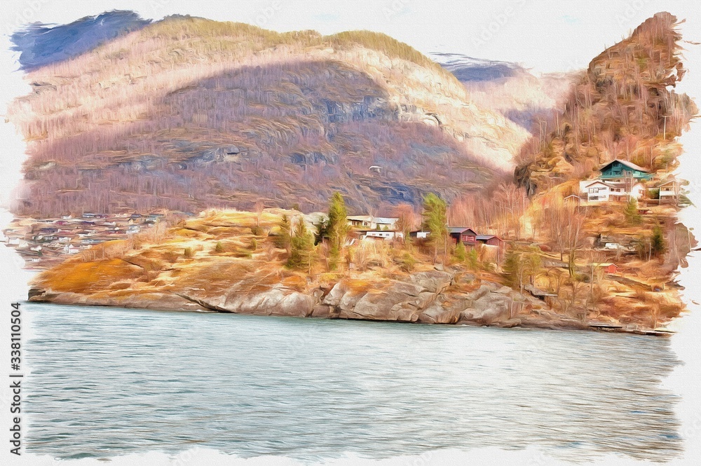 Shore fjord Sognefjord. Imitation of a picture. Oil paint. Illustration
