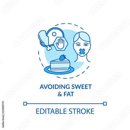 Avoiding sweet and fat turquoise concept icon. Stop unhealthy eating. Diabetes precaution. Healthy diet idea thin line illustration. Vector isolated outline RGB color drawing. Editable stroke