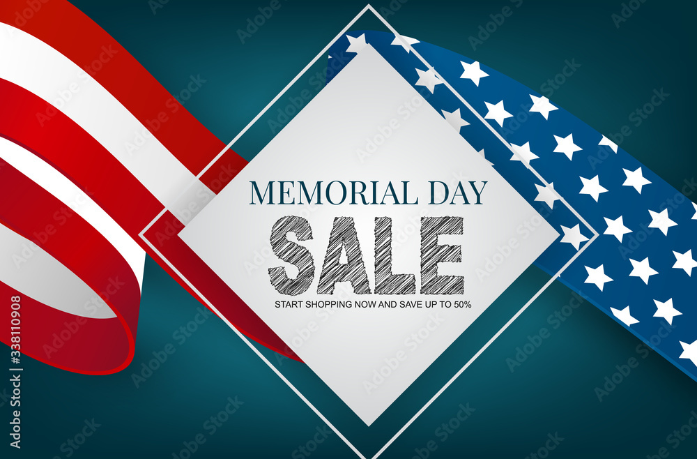 Memorial Day sale banner background with American flag ribbon. United States of America national holiday celebration concept. Vector illustration.