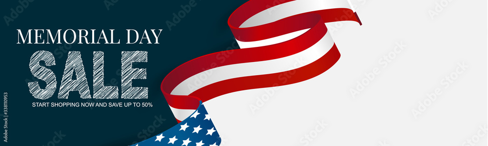 Memorial Day banner, website or newsletter header. Background with American national flag ribbon. United States of America holiday celebration concept. Vector illustration.