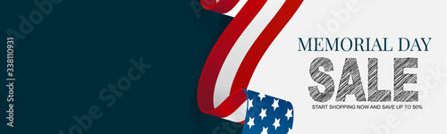 Memorial Day banner, website or newsletter header. Background with American national flag ribbon. United States of America holiday celebration concept. Vector illustration.