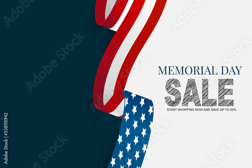 Memorial Day sale banner background with American flag ribbon. United States of America national holiday celebration concept. Vector illustration.