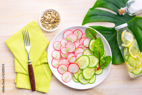 Light salad of radish with cucumber and detox water with cucumbers and lemon on the background of a large leaf of monstera. Healthy diet, keto diet. photo