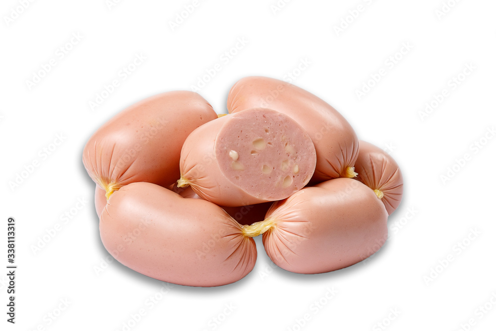 white small sausages with fat. one cut piece. front view on a white background white small sausages with fat. one cut piece. front view on a white background