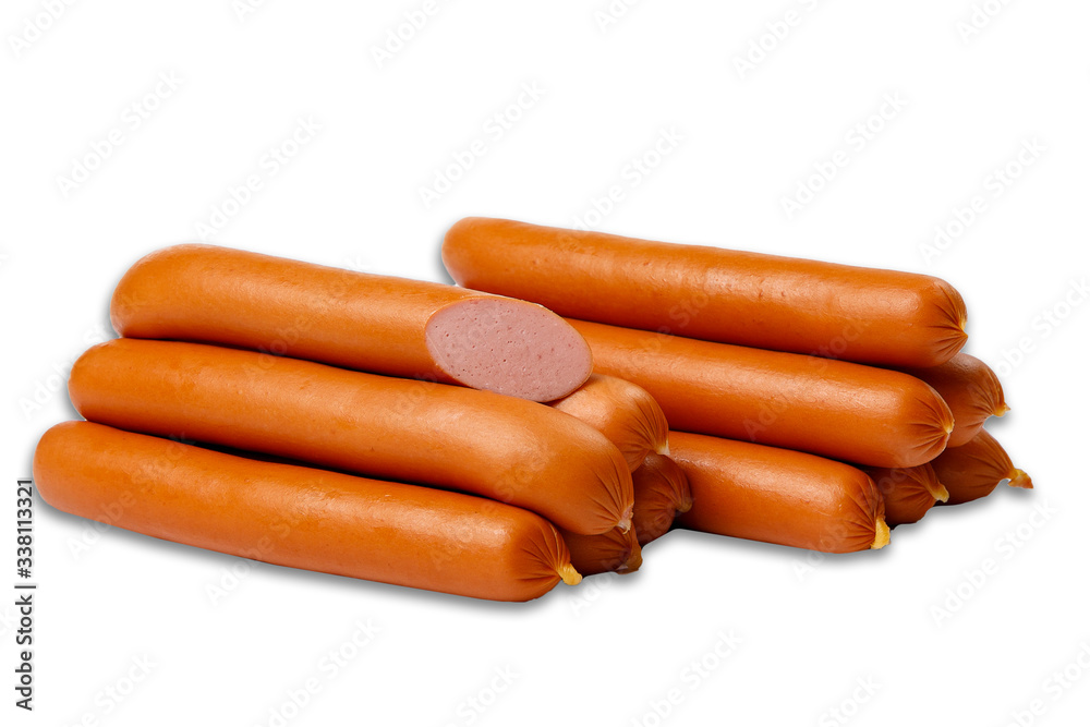 smoked sausages stacked on top of each other. front view on a white background smoked sausages stacked on top of each other. front view on a white background
