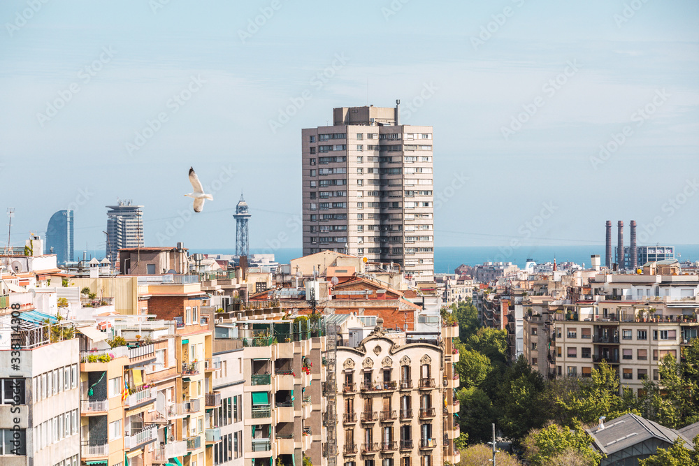 Panoramic view of the city of Barcelona and in the background the Mediterranean Sea