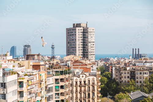 Photography Panoramic view of the city of Barcelona and in the background the Mediterranean