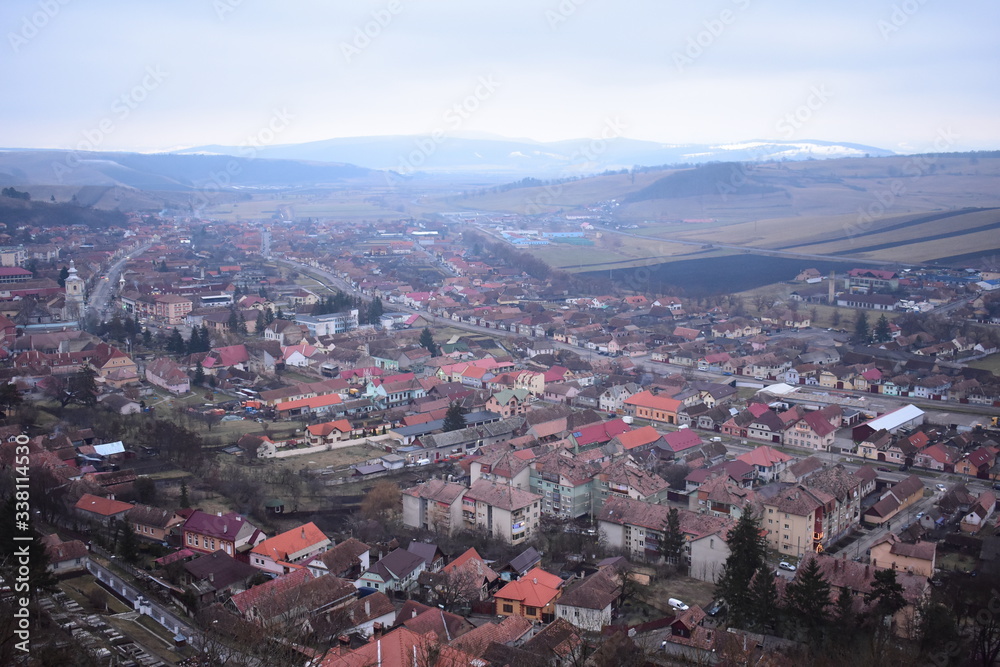 Aerial landscape view of Sighisoara Transylvania Romania