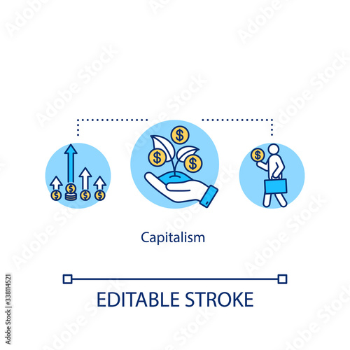 Capitalism concept icon. Economic and political system idea thin line illustration. Competitive markets, capital accumulation, wage labor. Vector isolated outline RGB color drawing. Editable stroke