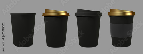 Set black paper realistic coffee and tea cup. Mockup isometric coffee mugs. Disposable glass for drinks. Template for products, web banners and leaflets. Vector