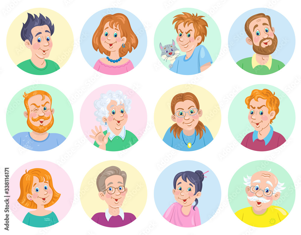 Avatar icons of happy people of different ages and characters. In cartoon style. Isolated over white background. Vector flat illustration. Avatar icons of happy people of different ages and characters. In cartoon style. Isolated over white background. Vector flat illustration.