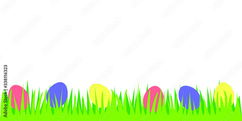 easter eggs on grass border with copy spase isolated on white background. Vector stock illustration