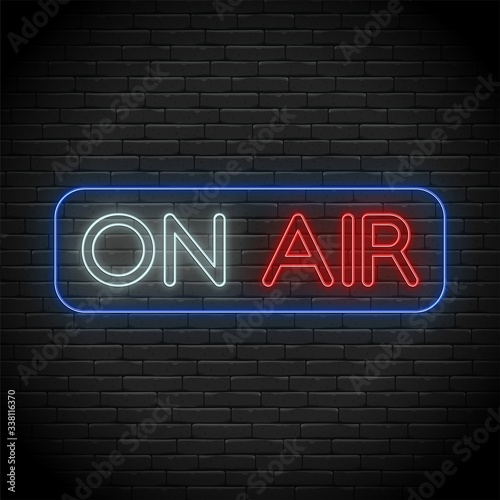 On Air broadcast radio neon sign illustration. Realistic glowing shining design element for studio warning board, news, radio, tv.