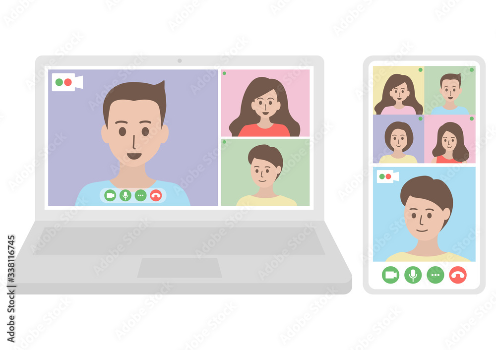 Laptop and smartphone screen with group of colleagues, business team talking at the video call. Online conference application interface and communication concept. Cute cartoon flat illustration.