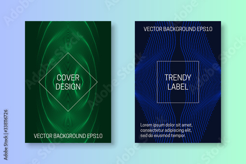 Сover templates with symmetric cybernetic pattern of dots and lines. Green and blue monochrome futuristic brochures or packaging backgrounds design.