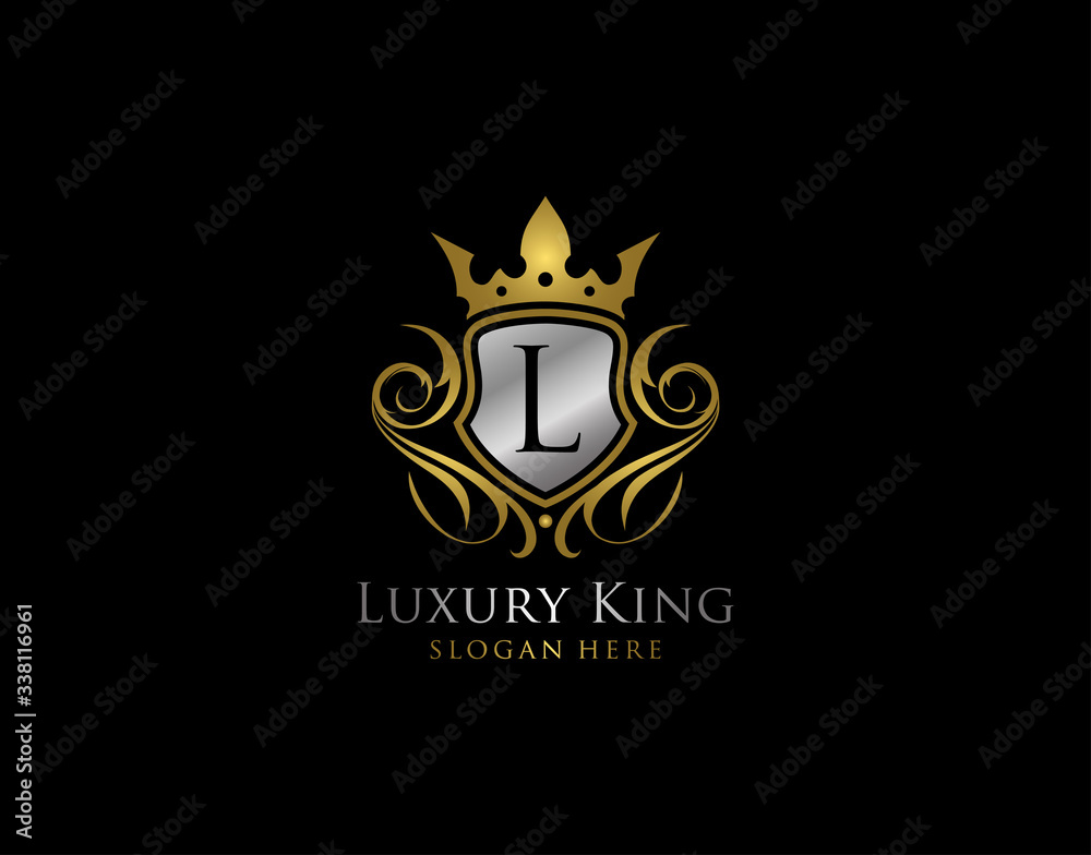 Luxury Shield L Letter Gold Logo, Golden L Classic Protection Symbol Luxury Shield L Letter Gold Logo, Golden L Classic Protection Symbol