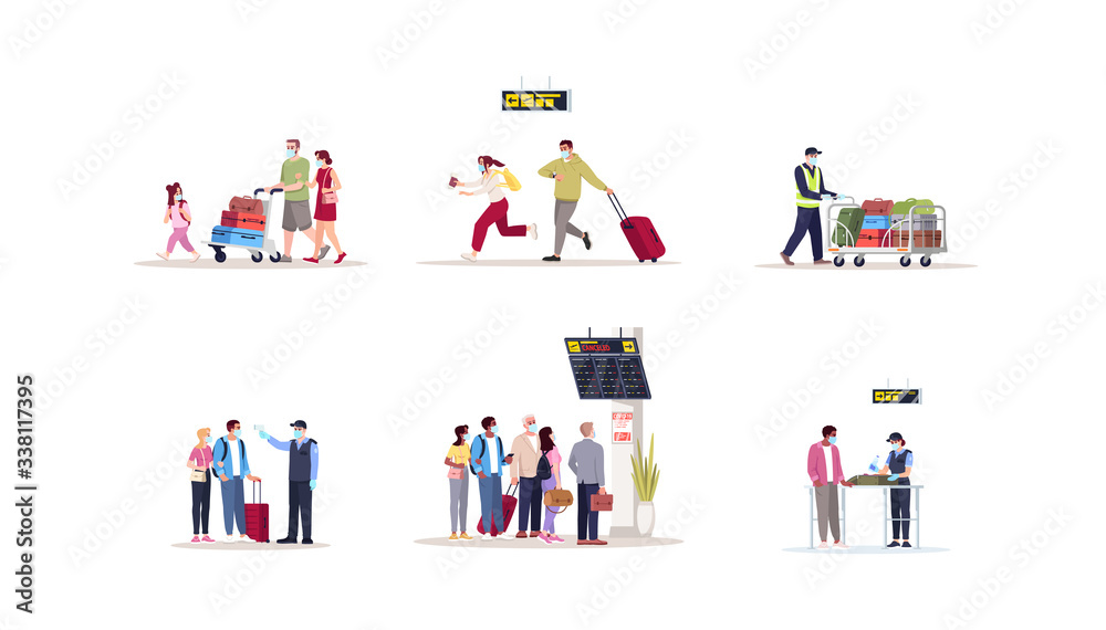 Airport terminal flat vector illustrations set. Pandemic precaution healthcare check on border. People in medical masks hurry for departure. Airplane passengers isolated cartoon characters kit Airport terminal flat vector illustrations set. Pandemic precaution healthcare check on border. People in medical masks hurry for departure. Airplane passengers isolated cartoon characters kit