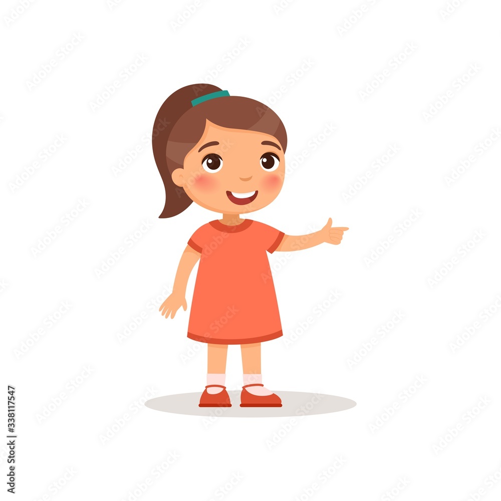 Little girl pointing with index finger flat vector illustration. Smiling female child in dress standing cartoon character. Kid showing direction, paying attention gesture isolated on white background Little girl pointing with index finger flat vector illustration. Smiling female child in dress standing cartoon character. Kid showing direction, paying attention gesture isolated on white background