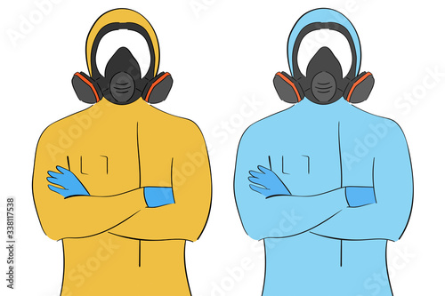 Doctor in protective mask and suit on the white background. Template for background, banner, poster. Vector EPS10 illustration.