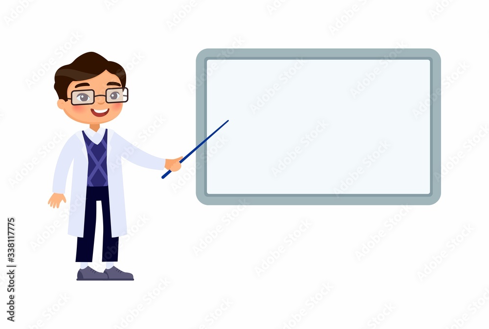 Smiling asian male doctor points to an empty medical demonstration board. Doctor in a white coat character. Vector illustration on a white background. Smiling asian male doctor points to an empty medical demonstration board. Doctor in a white coat character. Vector illustration on a white background.