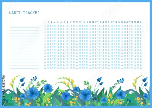 Habit tracker for month flat vector template. .Spring blue and yellow wild flowers themed blank, personal organizer with decorative frame. Summer season floral border with stylized lettering