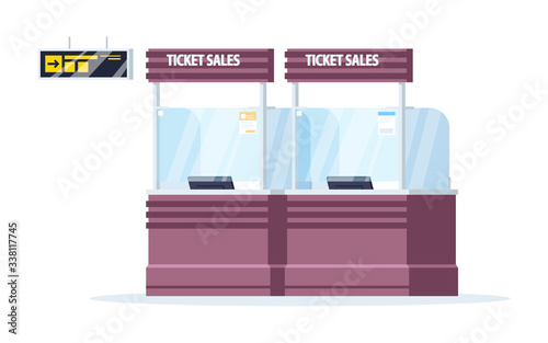 Ticket sales counter semi flat RGB color vector illustration. Empty table to purchase boarding passes. Airline services. Airport terminal desk isolated cartoon object on white background