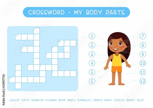 My body parts crossword flat vector template. Learning human anatomy kids puzzle; cute worksheet; educational game with little girl cartoon character. English cross word with external organs names