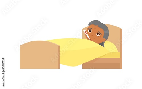 Sick old indian woman with thermometer in bed flat vector illustration. Granny with high temperature cartoon character. Fever, influenza symptom,  cold. Patient relaxing under blanket 