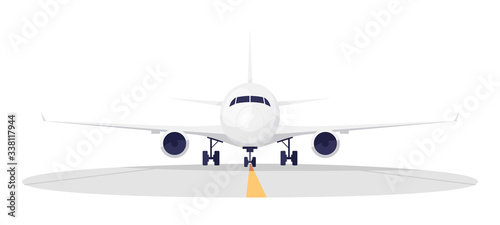 Airport runway semi flat RGB color vector illustration. Aeroplane taking off. Plane arival and departure. Landing jet with turbins. Airplane isolated cartoon object on white background