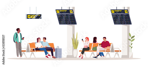 People wait for flight semi flat RGB color vector illustration. Woman sit on chair in lobby. Man in airport terminal. Airplane passengers isolated cartoon character on white background