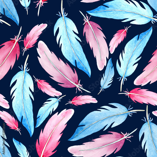 Photos Seamless pattern of blue and pink bird feathers on a dark blue background