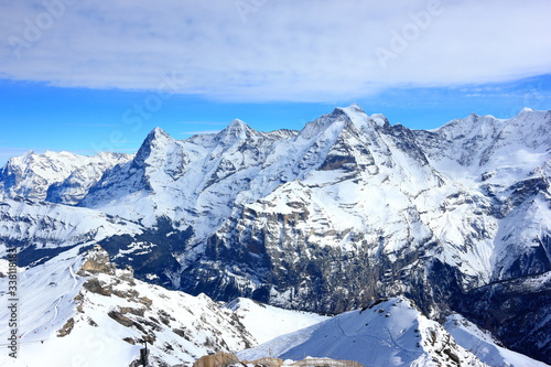 View of Eiger, Mönch and Jungfrau from Schilthorn. Bernese Alps of Switzerland, Europe.