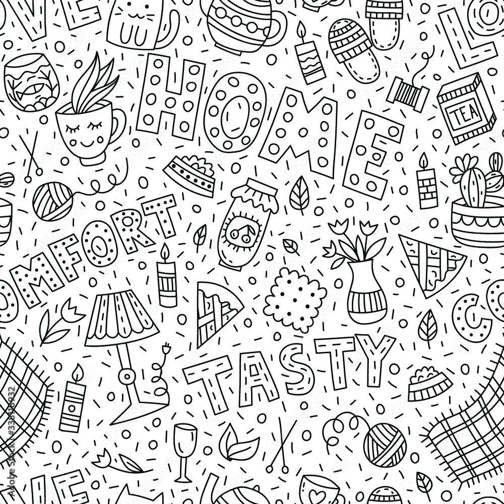 Seamless pattern with lettering and doodles on home theme