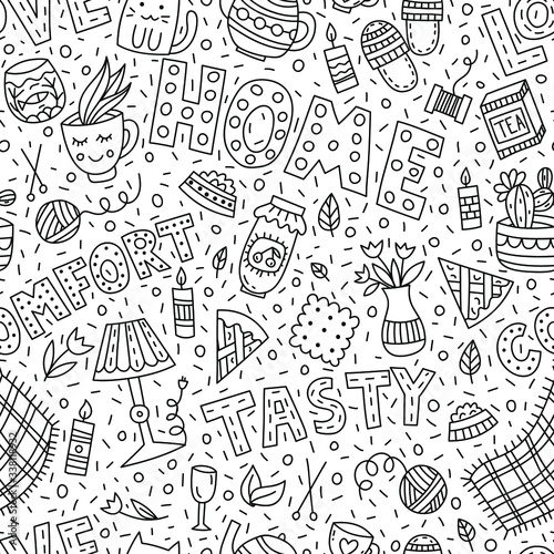 Seamless pattern with lettering and doodles on home theme