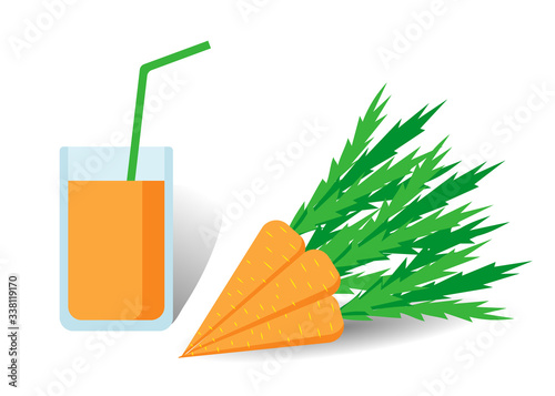 Illustration of ripe carrot fruits and a glass of fresh carrot juice, design of agricultural firms and vegetable processing plants