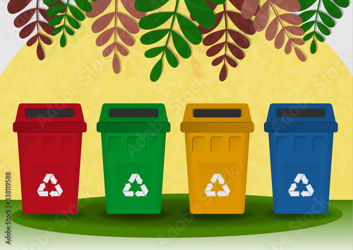 Separate collection of garbage, bright colored garbage containers for waste, plants. The concept of environment,
