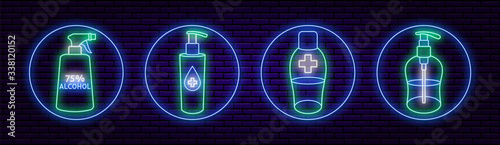 A set of four round neon icons, antiseptics or antibacterial agents. Against a brick wall. Personal hygiene, hand washing and cleaning. For a pharmaceutical online store. Green blue and white color.