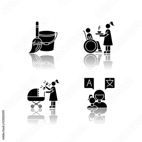 Babysitter service drop shadow black glyph icons set. Household duties. Special needs assistance. Newborn baby care. Speak languages with toddler. Isolated vector illustrations on white space