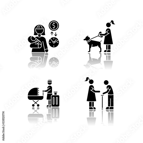 Babysitting service drop shadow black glyph icons set. Babysitter job pay rate. Pet sitting. Hotel sitter for children. Senior help. Elder person. Isolated vector illustrations on white space