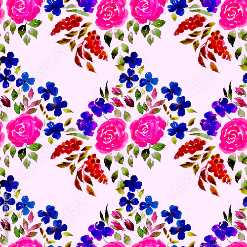 Watercolor seamless pattern with hand drawn abstract flowers. Bright print wi...