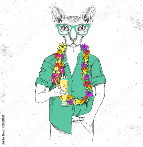 Retro Hipster animal sphynx cat with tropic cocktail