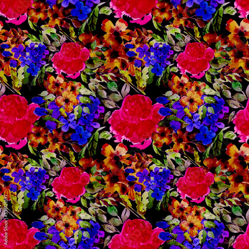 Watercolor seamless pattern with hand drawn abstract flowers. Bright print wi...