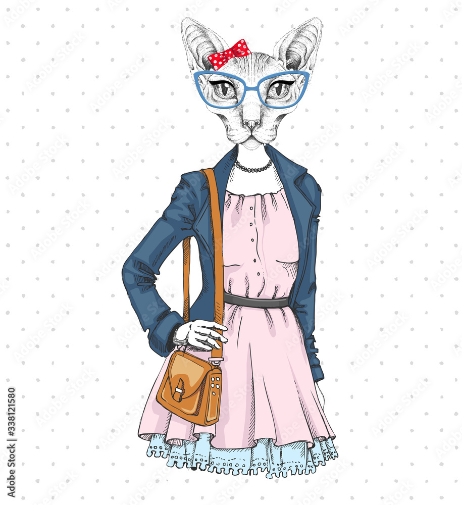Retro Hipster fashion animal sphynx cat. Woman model
