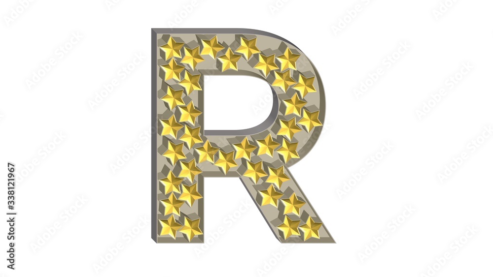 3D GOLD STARS IN SILVER METAL ENGLISH ALPHABET : R 3D GOLD STARS IN SILVER METAL ENGLISH ALPHABET : R