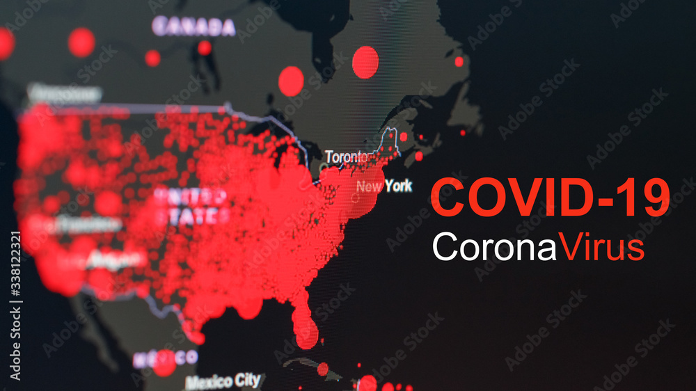 The coronavirus pandemic with the word COVID-19 on the global map of the United States with red dots of infection centers. The coronavirus pandemic with the word COVID-19 on the global map of the United States with red dots of infection centers.