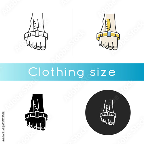Foot joint circumference icon. Linear black and RGB color styles. Human foot height and width measurements. Body parameters specification for bespoke shoes. Isolated vector illustrations