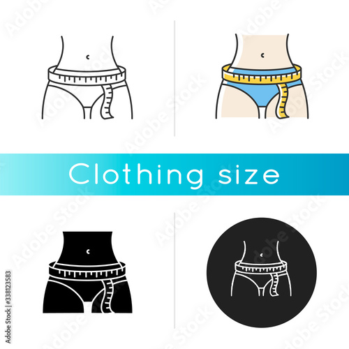 Hips circumference icon. Linear black and RGB color styles. Female lower body measurements, tailoring parameters. Hips width specification for bespoke clothing. Isolated vector illustrations