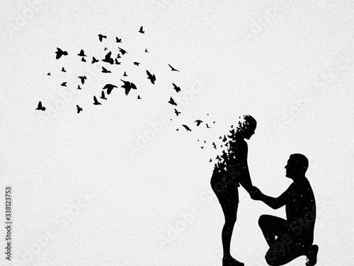 Silhouette of lovers and flying birds. Conceptual vector illustration about loss of loved one, loneliness and death. Sad mystical background for design, prints, covers, t-shirts
